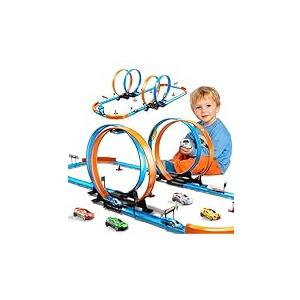 LILYBUDS Toy Car Track Gift Set for Boys Kids Age 3-5 4-7 8-12, Long Race Tracks with 4 Action Loops and 4 High-Speed Slot Die-Cast Race Cars, 35+ Pieces Race Tracks to Create Multiple Configurations