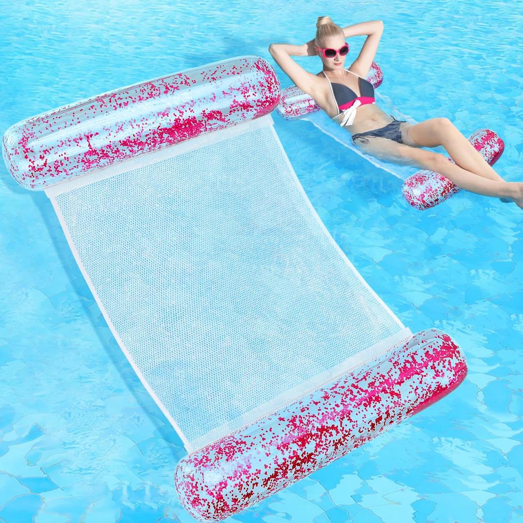 Sratte Pool Float Hammock Inflatable Water Glitter 4-in-1 Multi-Purpose Inflatable Swimming Pool Floats Adults PVC Water Hammock Lounge Floaties for Party