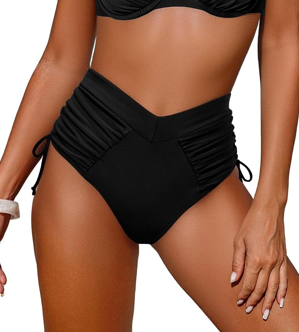 Leoparts Womens V Cut Bikini Bottoms Ruched Tummy Control Bathing Suit Bottom High Cut Drawstring Swimsuit Brief (Black, M)