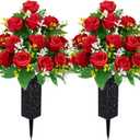 LVXINLI 2 Sets Artificial Cemetery Flowers,Memorial Flowers,Beautiful Arrangements for Headstones,Black Plastic vase with Drainage Hole Long Spikes Outdoor Memorials (red)