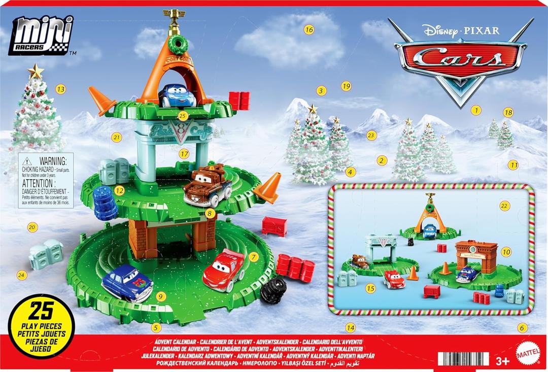 Mattel Disney Pixar Cars Mini Racers Advent Calendar, 25 Surprises Include 4 Mini Toy Cars & Reconfigurable Playset