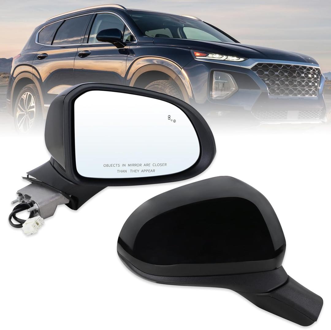 Right Passenger Side Mirror Compatible With 2019 2020 2021 2022 2023 Hyundai Santa Fe With Manual Folding Power Glass Blind Spot Black Replace#87620-S2010(5Pins)