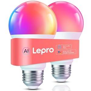 Lepro B1 AI Smart Light Bulbs - WiFi & Bluetooth RGBWW Color Changing LED Bulb Works with Alexa & Google Assistant, Personalized Al Lighting Designer, AI Voice Control, Music Sync, 2.4GHz Only, 2 Pack