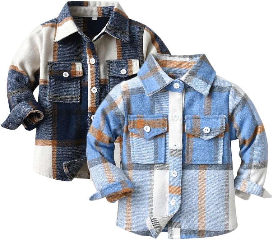 Feidoog Toddler 2 Pack Baby Boys and Girls Plaid Shirts Jacket Long Sleeve Lapel Button Down Top Outwear Clothes (3-4T, A-blue+dark Blue)