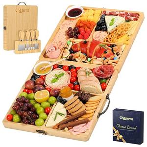Charcuterie Boards Gift Set, Chezerra Bamboo Cheese Board Set, Folding Cheese Board with Knife Set, Unique White Elephant Gift, House Warming Gift, Wedding Gift, Portable Outdoor Cheese Plate