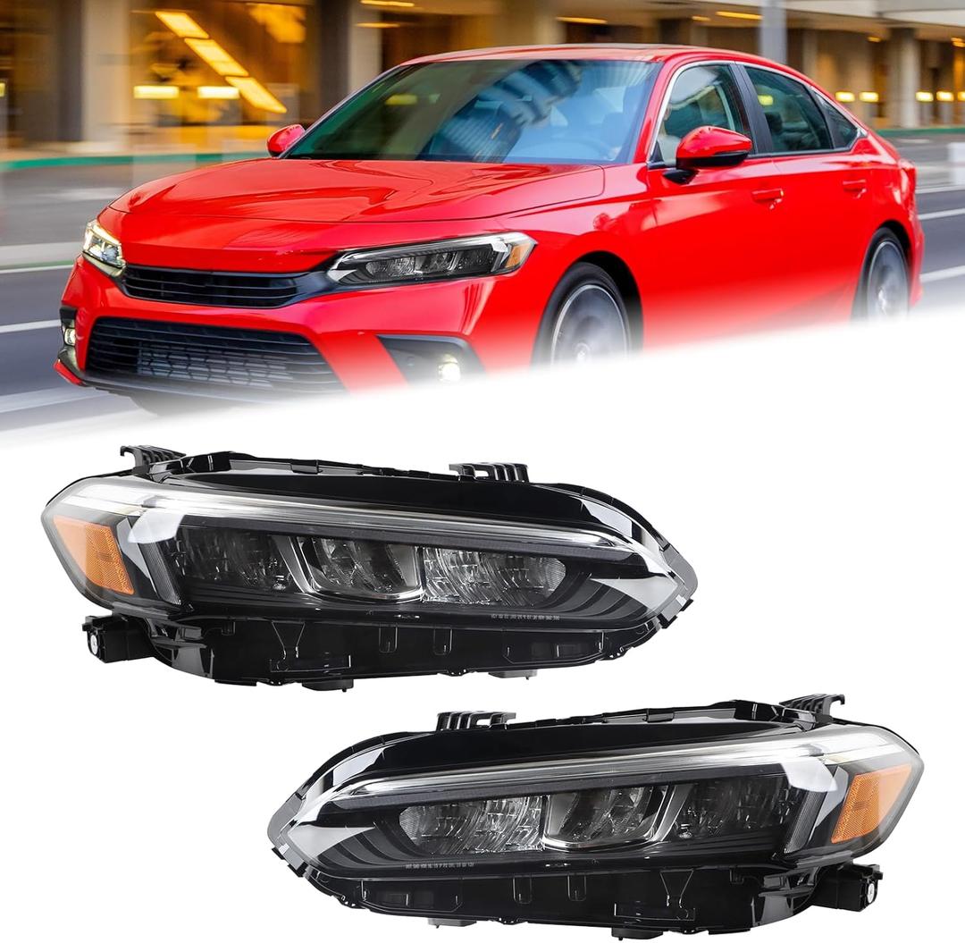 Duolctarms Chrome Pair W/DRL Full LED Headlight Headlamp Assembly Compatible for 2022-2025 Honda Civic EX/LX HO2502205 HO2503205 33150T20A52 (Left & Right)