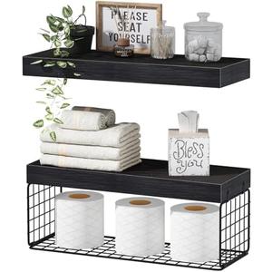 QEEIG Bathroom Shelves Over Toilet - Wall Mounted Floating Shelves Toilet Paper Storage Small Farmhouse Decor Shelf 16 inch Set of 2, Black (019-B2)
