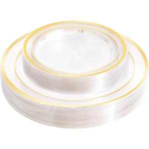 60 PCS Clear Gold Plastic Plates, Disposable Party Plates Include 30 Dinner Plate and 30 Dessert Plate Perfect for Holiday, Birthday, Wedding & Party