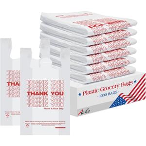 ACKO 1000 Count - Plastic T-shirt Bags with Handle, (11.5 x 6.5 x 21") 4 Gallon Thank You Bags for Grocery, Take Out, To Go, Retail Shopping Bag, Small Garbage Trash Bag for Home Office Kitchen