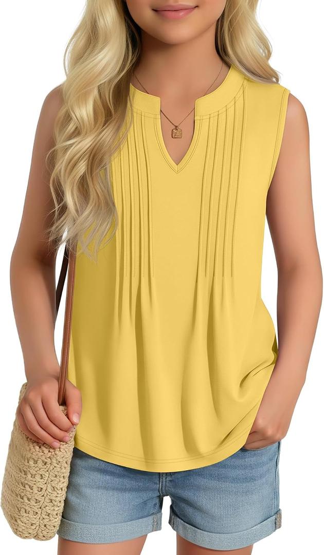 Ficerd Girl's Tank Tops V Neck Sleeveless Summer Shirts Kids Pleated Loose Blouse Dressy Casual Curved Hem Tees 5-14 Years