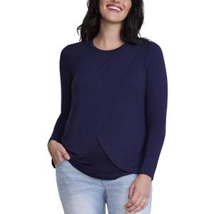 Motherhood Maternity Women's Long Sleeve Scoop Neck Tulip Nursing Tee Shirt for Breastfeeding with Easy Access (Blue, XS)
