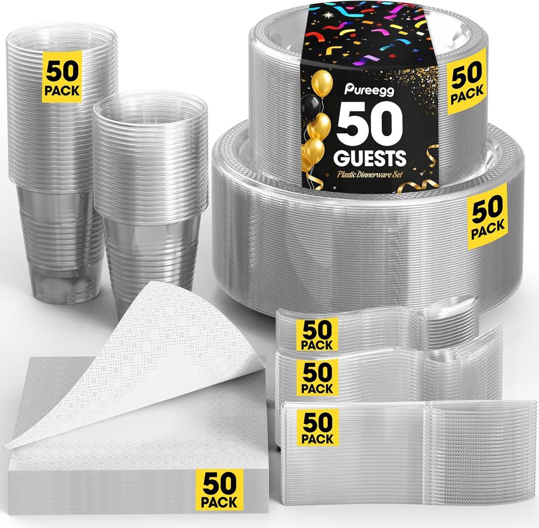 Pureegg Clear Plastic Plates Set - 350 Pcs Complete Dinnerware Sets for 50 Guests, Disposable Plates, Utensils, Cups, Napkins Included, for Party, Gathering, Wedding, Daily Use