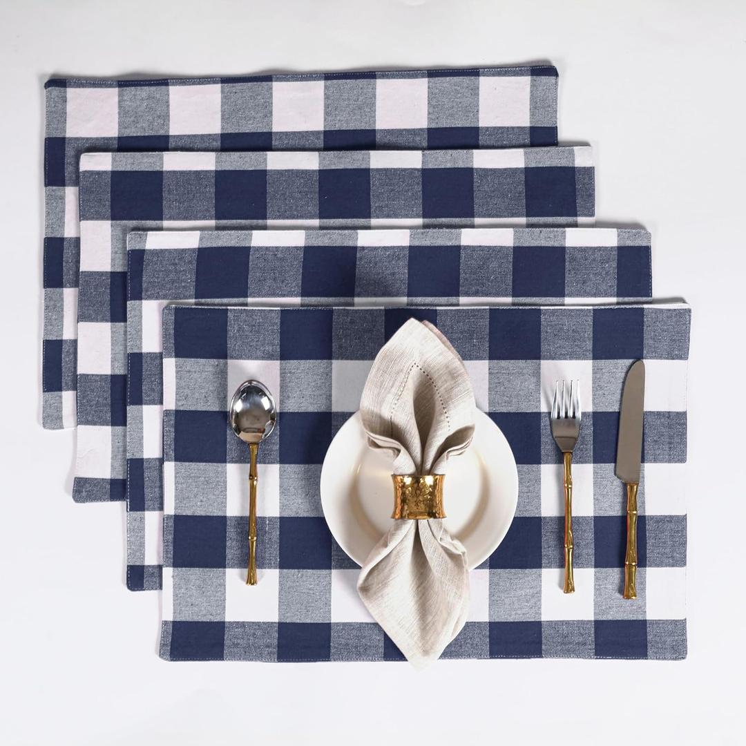 Native Fab Cotton Placemat 13x19 inches, Heat Resistant, Buffalo Plaid Placemats Set of 4, Decorative Reversible Check Pattern Placemats for Dining Decor, Kitchen, Navy White