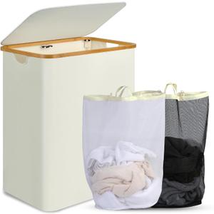 efluky Double Laundry Hamper with Lid and Removable Bags, 160L Beige