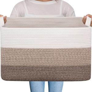 OIAHOMY Large Blanket Basket, 65L Cotton Rope Woven Laundry Basket, Toy Bin for Baby Room, Container for Blanket Storage in Living Room, 20''16''12'', Gradient Brown