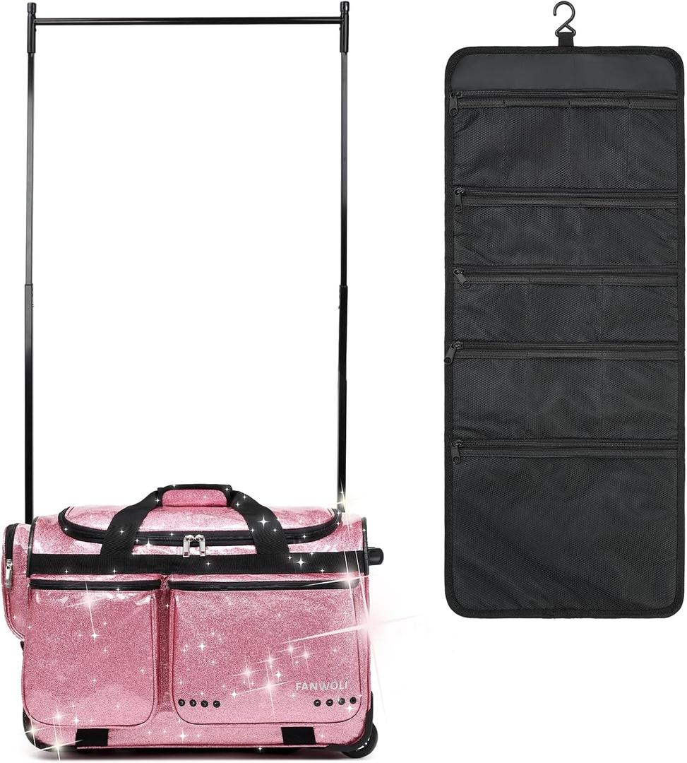 Fanwoli 23" Dance Bag with Garment Rack | Glittering Waterproof Fabric & Upgraded Stable System | Shine-Bright Collection | Ideal Competition Duffle Bag for Dancer Athlete Livestreamer (Sparkling Pink)