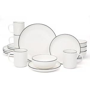 OTAGO 16-Piece Porcelain Dinnerware Set for 4 with Mugs, White Stoneware Plates and Bowls Sets, Ceramic Dish Set for Kitchen, Dinner & Dining, Black Rim, Microwave & Dishwasher Safe