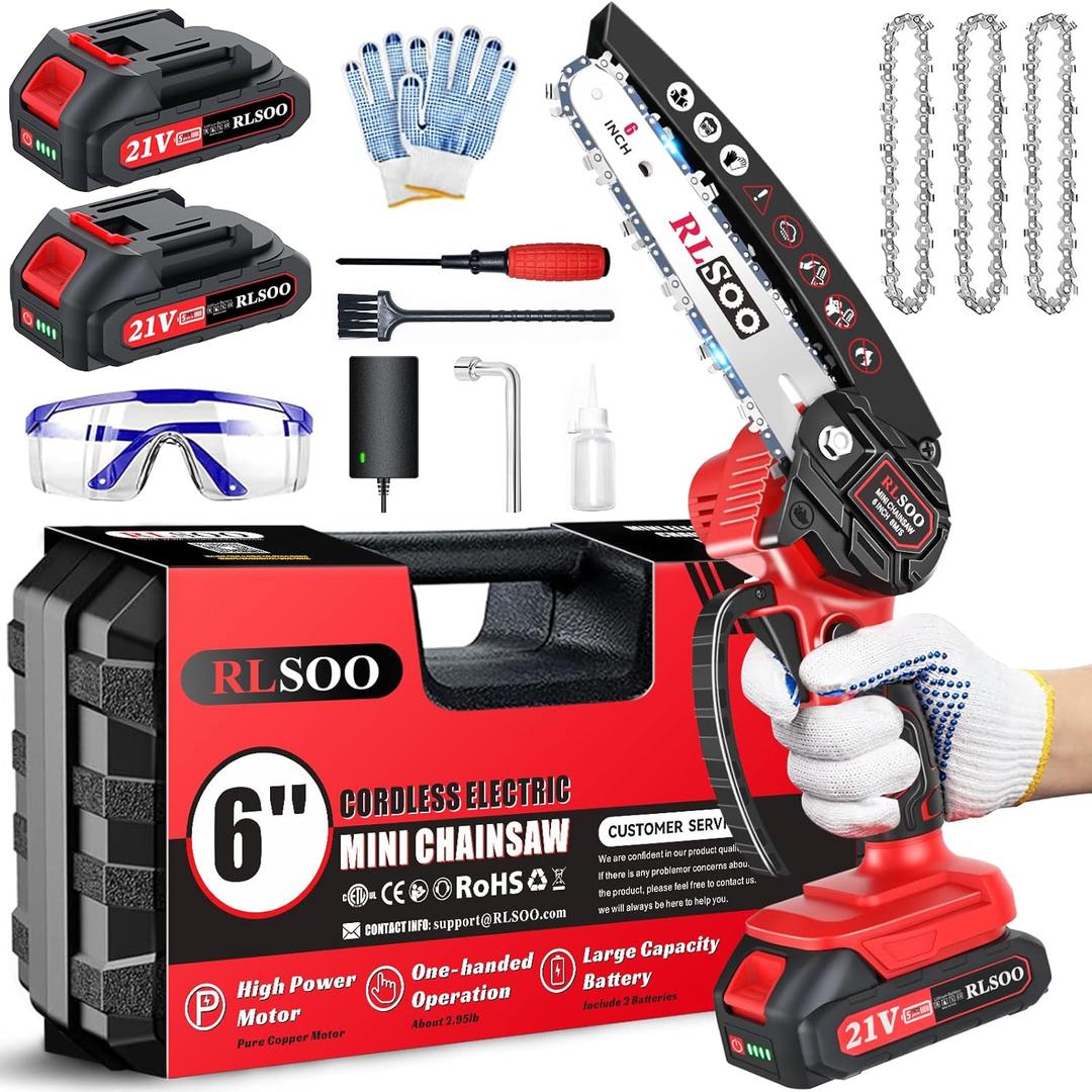 Mini Chainsaw, 6 Inch Mini Chainsaw Cordless, 2024 Upgraded Portable Handheld Small Chain saw for Wood Cutting, Tree Trimming, Courtyard, Household, and Garden (Includes 2 Batteries and 3 Chains) (Red)
