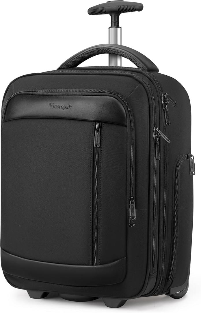 Vancropak Carry on Luggage with Wheels, Multi-functional Airline Approved Underseat Carry-On Rolling Suitcase, 15.6" Lightweight Overnight Weekender Bag Travel Business Roller for Men Women, Black