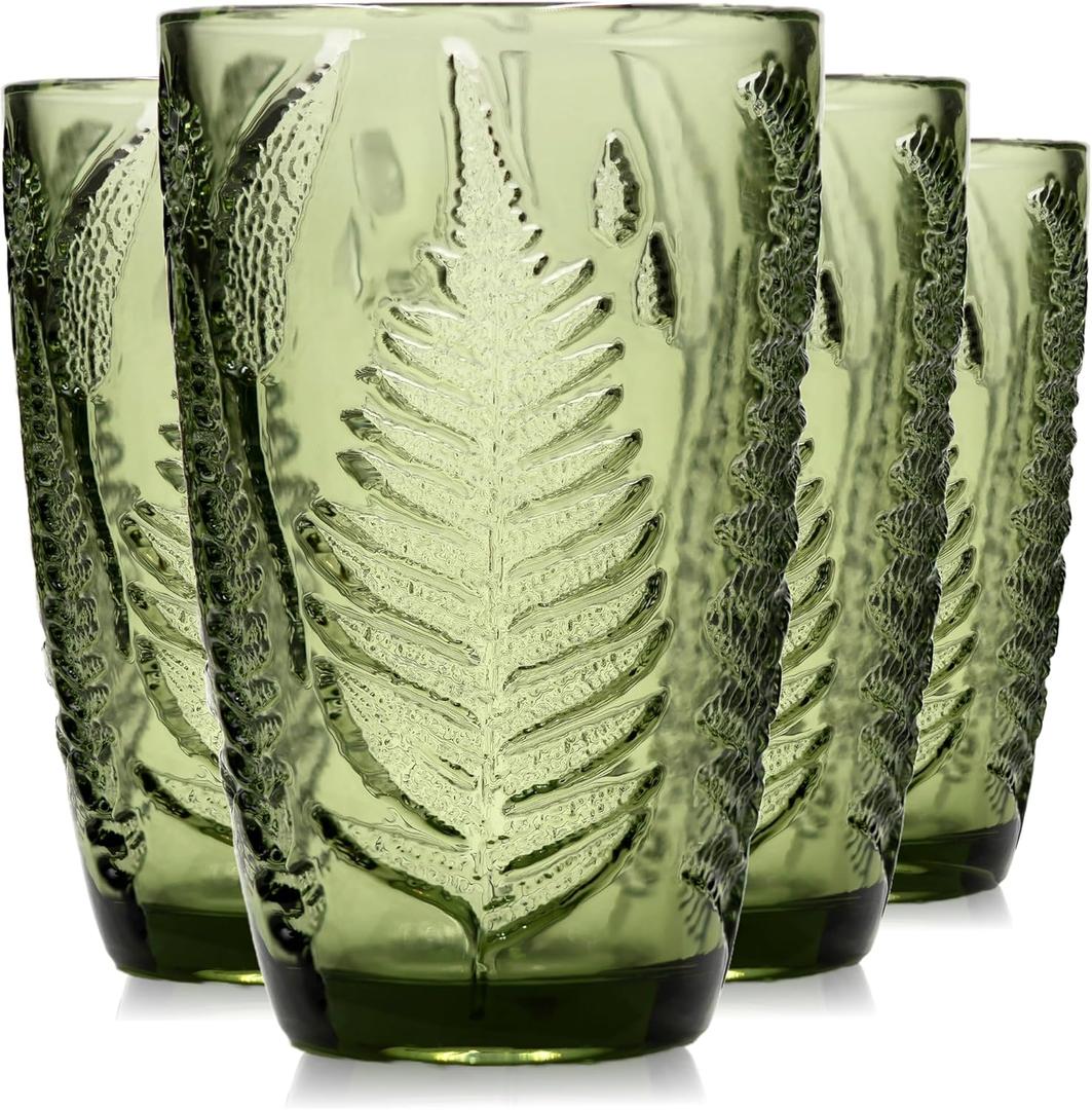 Green Drinking Glasses Set of 4, 12 oz Hand-Pressed Vintage Drinking Glasses, Deep Textured Antique Glassware, Fern Embossed Highball Tumblers, Colored Boho Glass Cups, Retro Style Drinkware Gift Set