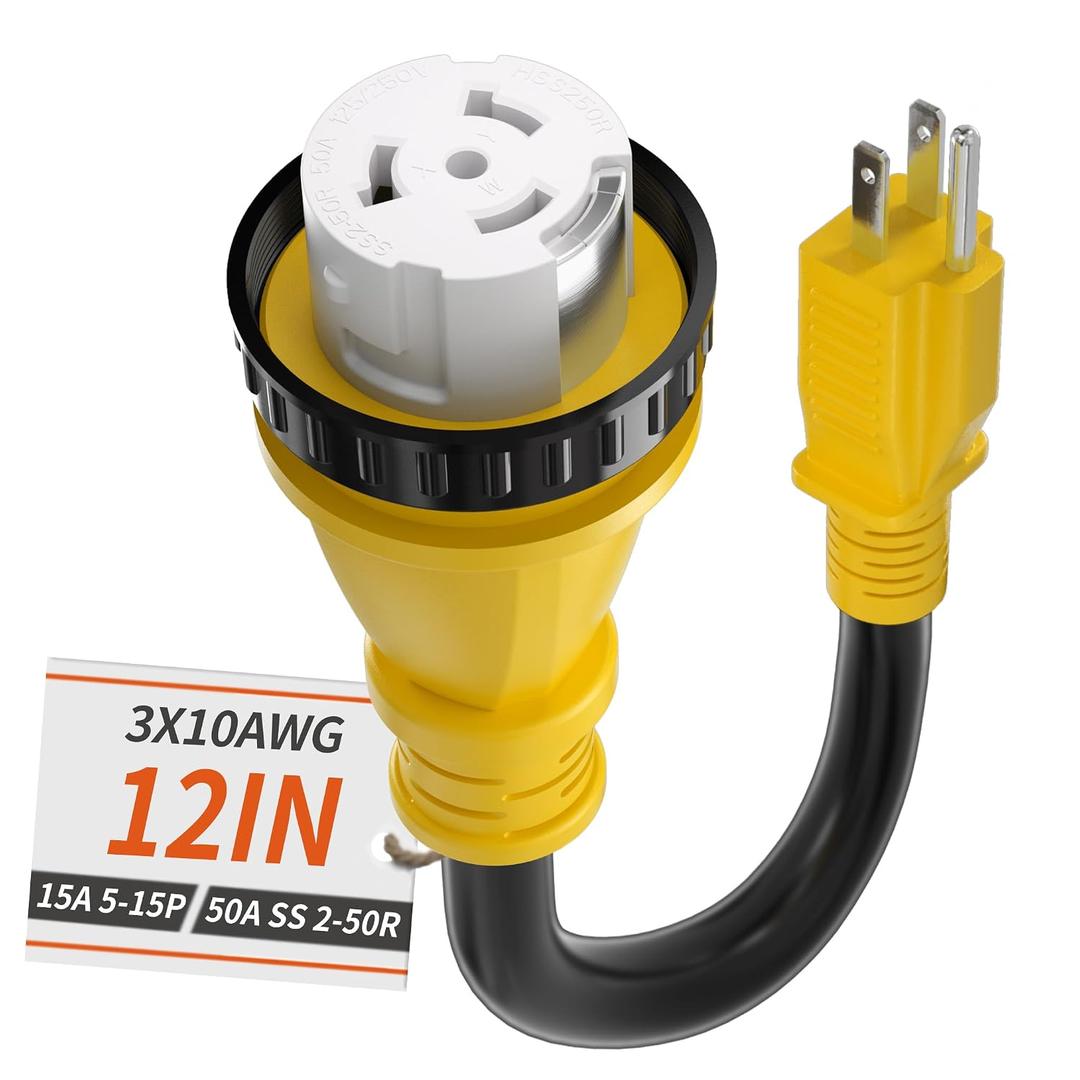 PlugSaf 50 Amp to 15 Amp 110V RV Adapter Plug, 15A Male to 50A Female RV Power Adapter with Twist Lock Plug, Dogbone Electrical for Camper, NEMA 5-15P SS 2-50R, 10/3 STW Cord 12" Yellow
