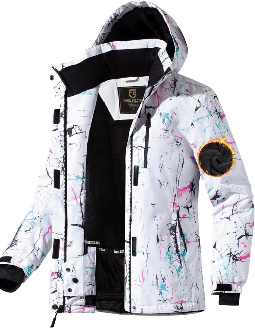 FREE SOLDIER Women's Waterproof Ski Snow Jacket Fleece Lined Warm Winter Rain Jacket with Hood Fully Taped Seams (Medium, Floral Print)