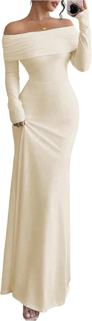 SOLY HUX Women's Long Sleeve Off The Shoulder Bodycon Dress Elegant Maxi Dress Cocktail Prom Dresses, M