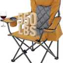 ARROWHEAD OUTDOOR Portable Deluxe Folding Camp Quad Chair w/Headrest, Glass & Cup Holders, Armest 6-can Cooler, Heavy Duty Carry Bag, 550 lbs Weight Capacity (Tan)