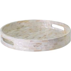 PEMAR 12.6 Mother of Pearl Round Serving Tray with Handles, Decorative Nacred Wooden Ottoman Coffee Table Tray (White Tiles)