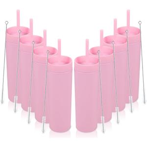 Volhoply 16oz Plastic Skinny Tumbler with Lid and Straw Bulk 8 Pack,Insulated Double Wall BPA Free Matte Acrylic Tumblers,Iced Coffee Travel Mug Reusable Party Cup,Customizable Diy Gifts (Pink,8 Set)