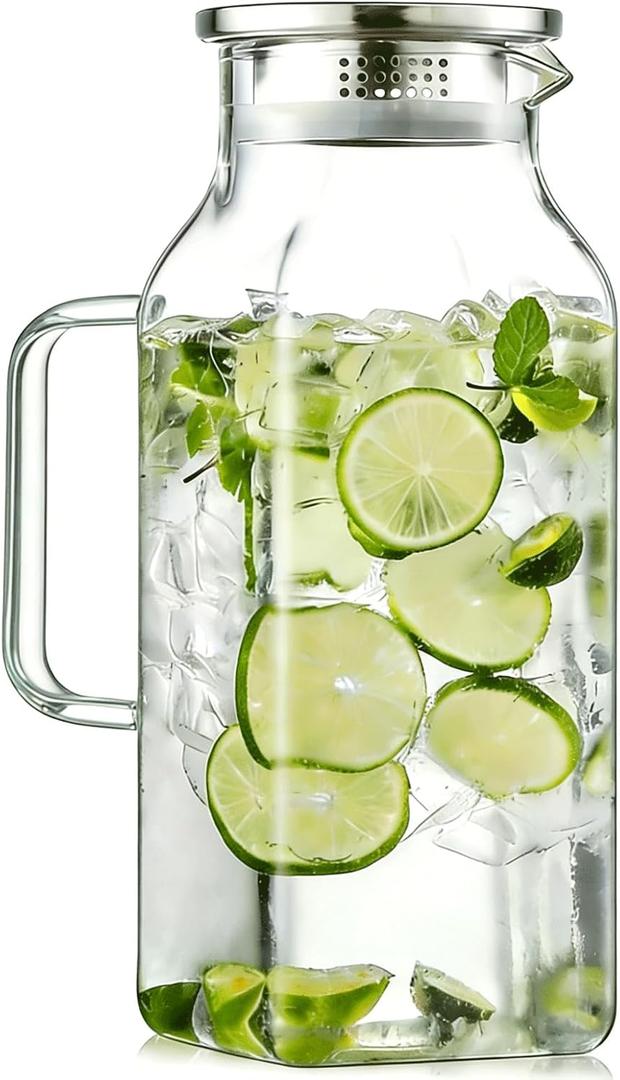 1 Pack 2 Liters/68 oz Square Glass Pitcher with Lid and Handle, Glass Carafe for Hot/Cold Water, Large Iced Tea Pitcher for Coffee, Juice