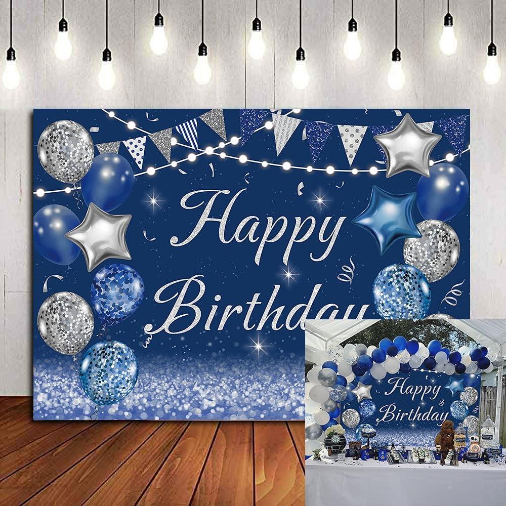 Navy Blue Happy Birthday Backdrop Silver Glitter Balloons Star Flag Sequins Background Adult Men Women Birthday Party Decoration Cake Table Photo Booth (7x5FT, Blue)