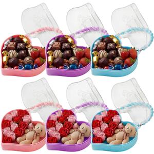 Youyole 6 Pcs Valentine Day Heart Shape Containers with Handle Valentine's Day Snack Box Small Plastic Food Gift Bag Portable Jewelry Organizer for Flower Candy Galentine Party Favor (Pink, Purple, Blue)