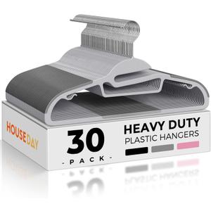 HOUSE DAY Grey Plastic Hangers 30 Pack, Slim Space Saving, Non Slip Clothes Hangers with Rubber Pads, Sturdy Heavy Duty Coat Hanger for Closet, S-Shaped Hanger for Shirt, Suit, Pant, Skirt