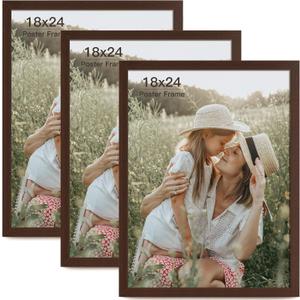 18x24 Frame Set of 3, Dark Brown Wood Grain 18x24 Poster Frame for Gallery Wall Mounting (3 Pack,Walnut)