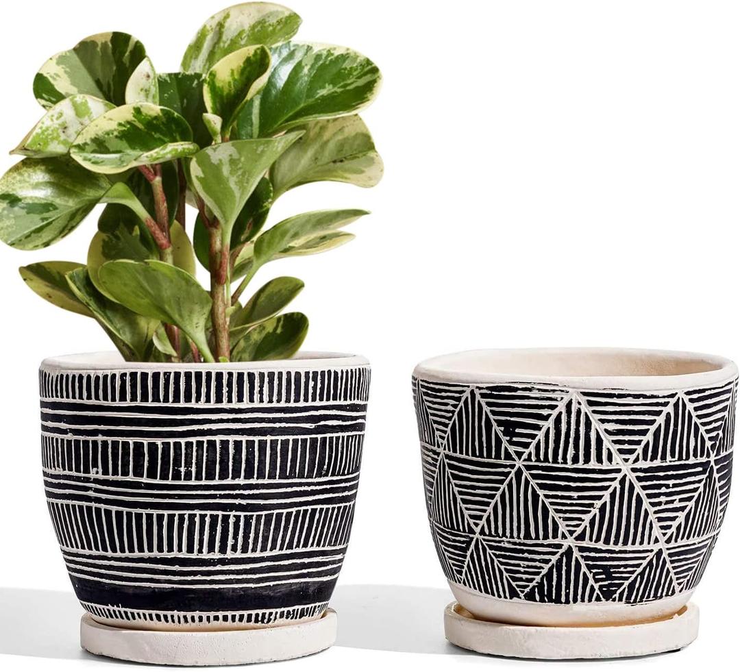 LE TAUCI 5.5 Inch Boho Plant Pots Indoor, Artisanal Cement Pots for Plants, Succulent Pots with Drainage Holes and Saucers, Planters for Indoor Plants, Set of 2, Black and Cream White LE TAUCI 5.5 Inch Boho Plant Pots Indoor, Artisanal Cement Pots for Plants, Succulent Pots with Drainage Holes and Saucers, Planters for Indoor Plants, Set of 2, Black and Cream White