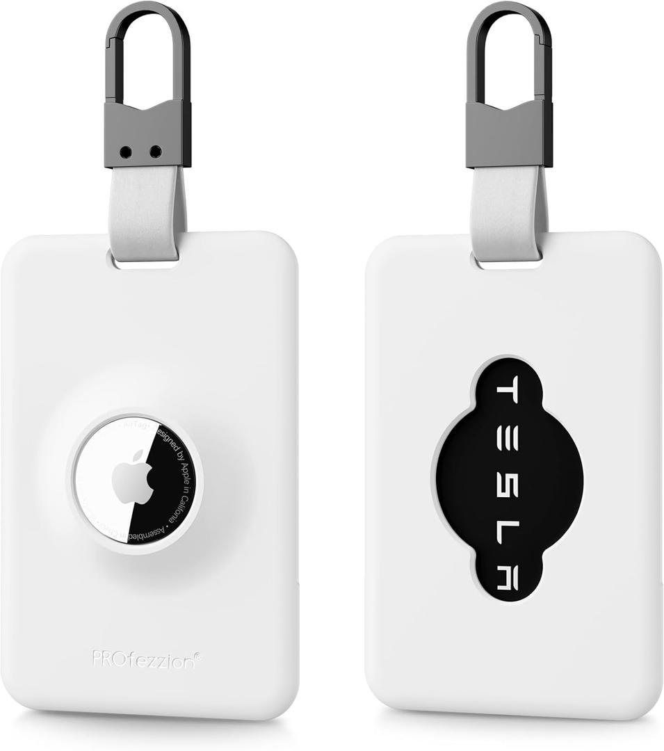 PROfezzion 2 Pack Tesla Key Card Holder with AirTag Slot, Plastic Card Holder for Model 3 Y S X Cybertruck with Keychain Keyrings, Key Card Protective Case Cover for Tesla - White