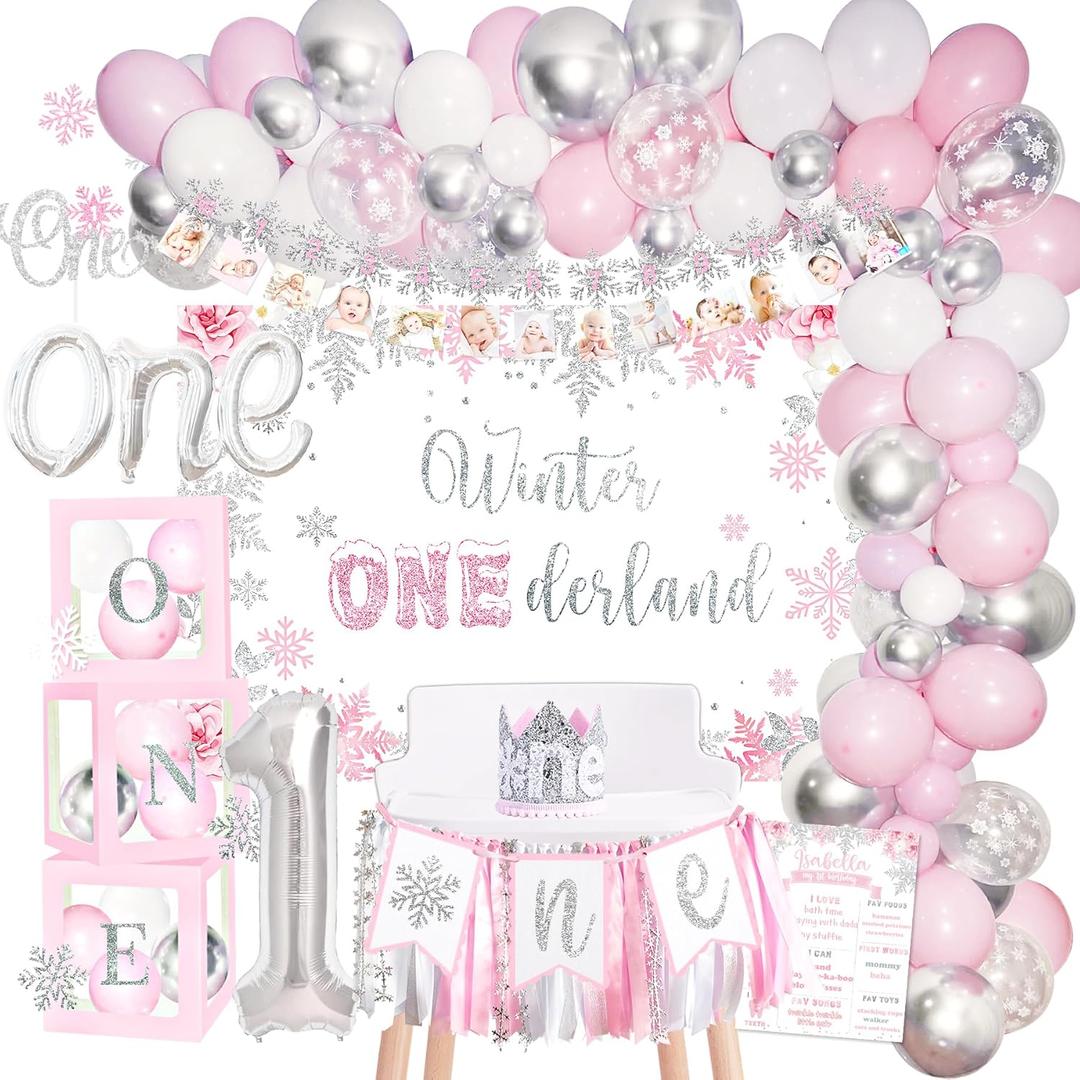 Winter Onederland Birthday Decorations, Winter Onederland 1st Birthday Decoration Party Supplies for Girl, Snowflake Photo Banner Highchair Banner Crown Balloon Garland Box Cake Topper