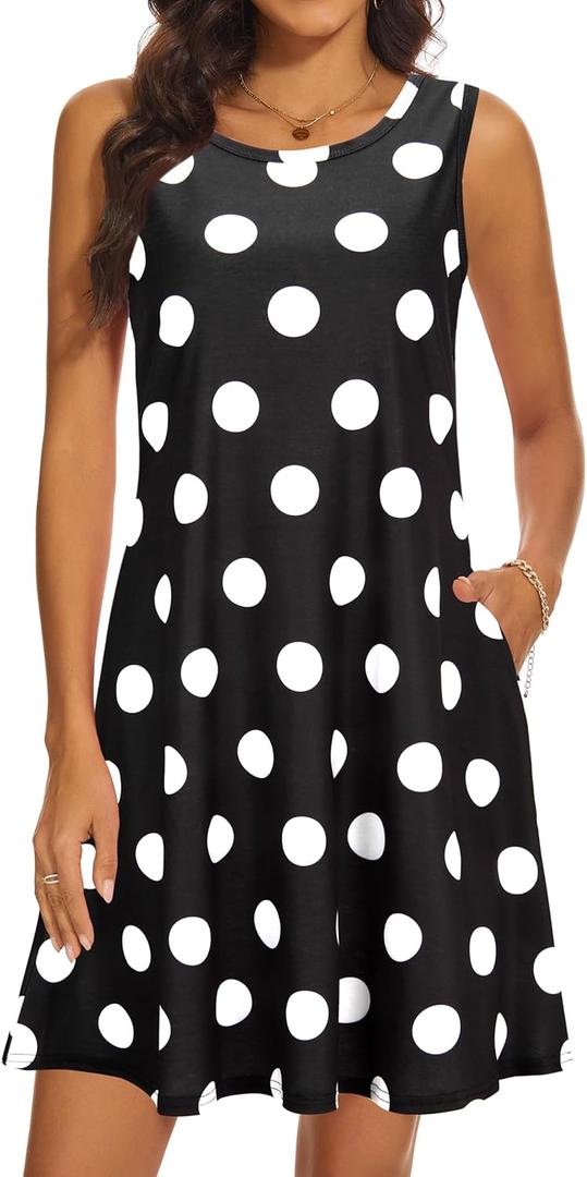 Summer Dresses for Women 2025 Casual Sundresses Beach Cover Ups Sleeveless Tshirt Swing Dress with Pockets (Medium, Black Dot)