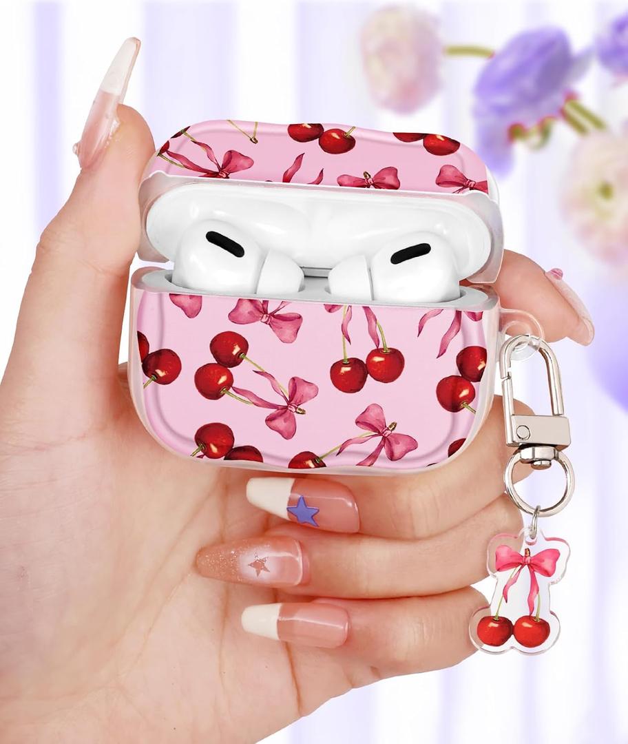 Coralogo for AirPods Pro/Pro 2nd Gen Case for Women - Cute & Protective Kawaii Girls Girly Fashion Design Cover with Cartoon Acrylic Keychain Case for AirPods Pro & Pro 2, Cherry Bow