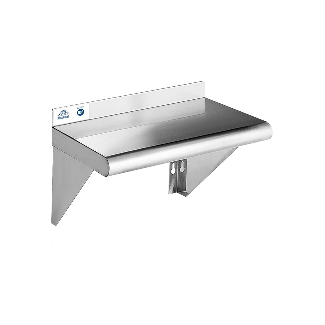 ROCKPOINT Stainless Steel Shelf 10 x 16 Inches 190lb, NSF Metal Commercial Shelves Wall Mount Floating Shelving with Backsplash for Restaurant, Kitchen, Home and Hotel, Silver