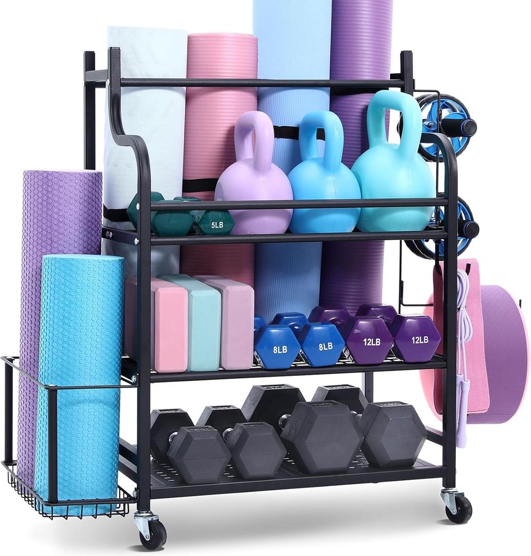 VEVOR Yoga Mat Storage Rack, Home Gym Workout Equipment Organizer, Powder Coated Finish Steel Yoga Mat Holder with Hooks & Wheels, Weight Rack for Dumbbell, Kettlebell, Foam Roller, and Yoga Strap (30.5inch)