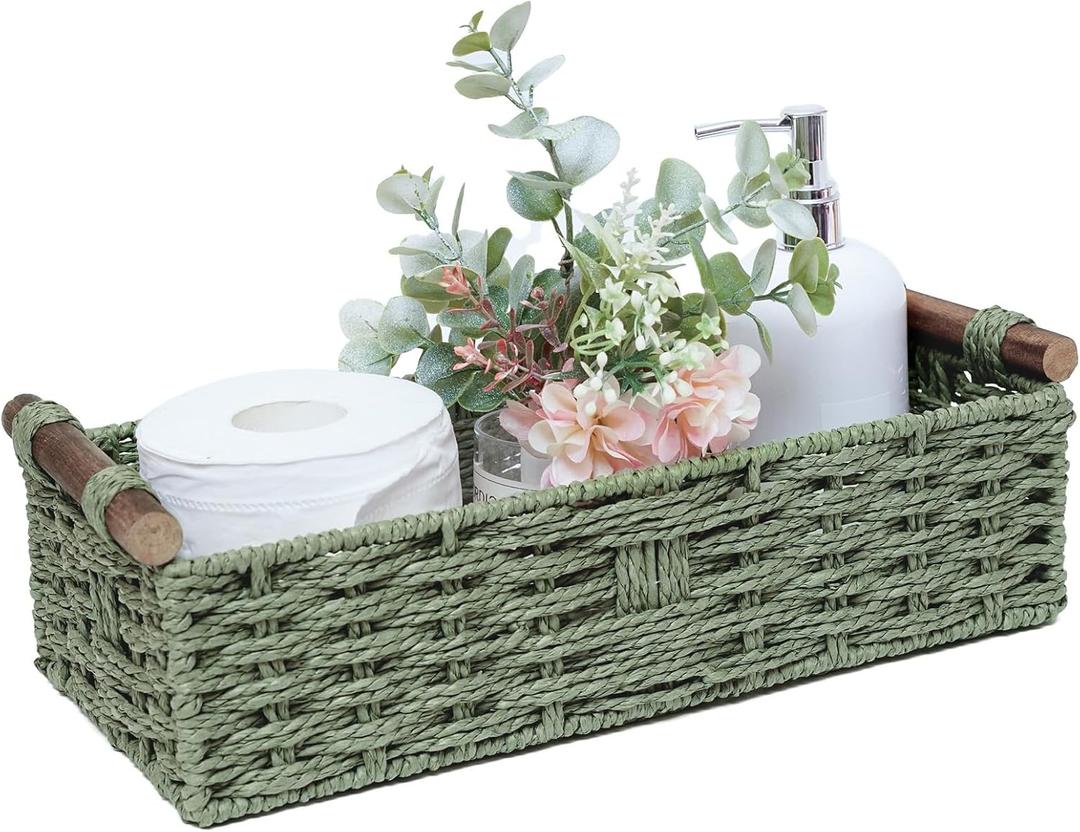 Round Paper Rope Storage Basket Wicker Baskets for Organizing with Handle Decorative Storage Bins for Countertop Toilet Paper Basket for Toilet Tank Top Small Baskets , Green