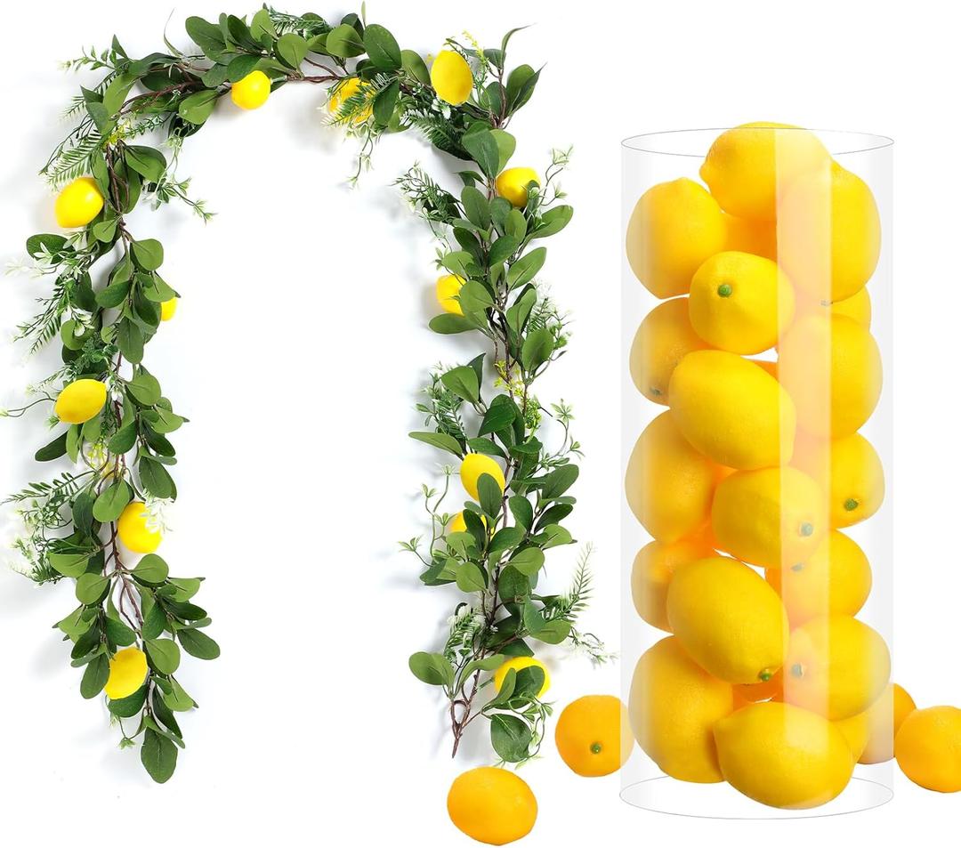 XunYee 6 ft Artificial Summer Lemon Garland with 30 Pcs 3 x 2 Inch Fake Lemons Greenery Fake Fruit Party Decoration for Home Front Wedding Shower Party Table