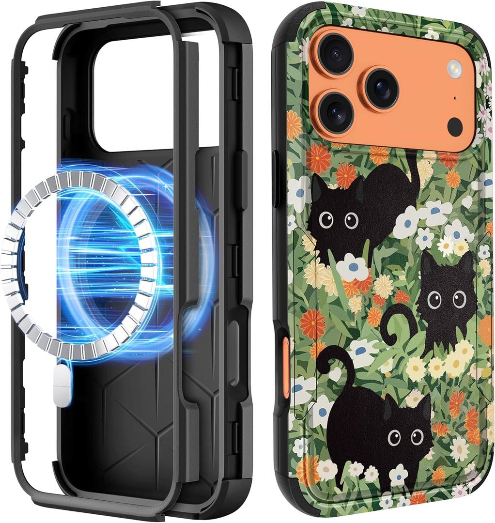 for iPhone 17 Pro Max Case - Compatible with MagSafe Women Girls Cute Magnetic Protective Phone Cover Black Cat Flowers Heavy Duty Shockproof Funda for iPhone 17 Pro Max Case