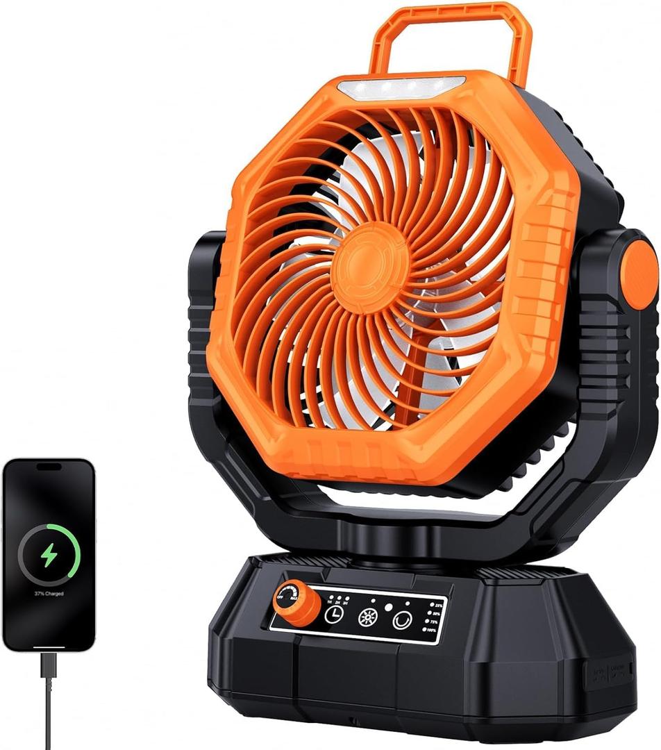 AJVV Camping Fan, Portable Fans Rechargeable 20000mAh Battery Powered with LED Light and Hook, 13 Speed 270Adjustable and Dual-Blade High Wind, Outdoor Fan for Indoor, Tent, Outdoor, Camping,Travel (Orange)