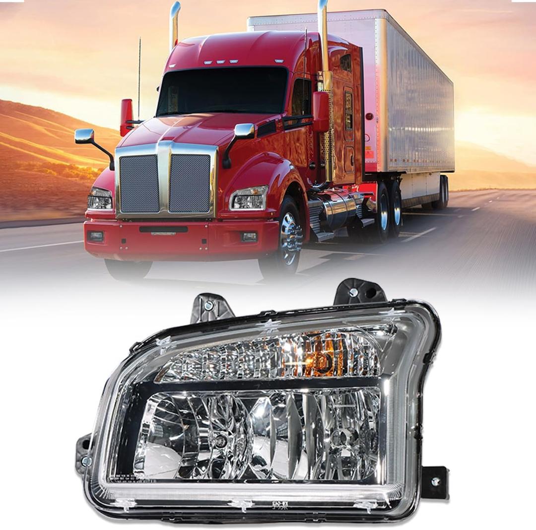 Chrome Headlights Fits Kenworth T880 2014-2023 Headlights Assembly Lamps for Kenworth T880 Replacement Driver Left Side T880 Semi Truck Accessories (LH)