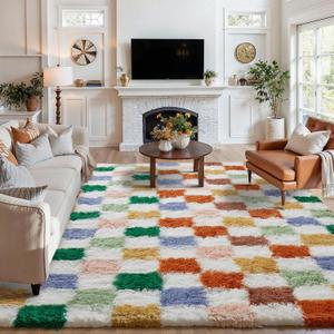 Colorful Area Rug 5x8 for Living Room Soft Checkered Shag Carpet | Machine Washable, Non-Slip, Fluffy, High Pile, Cozy for Bedroom, Kids Room, Nursery, Playroom, Classroom, Modern Decor
