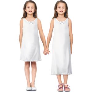 Toulite 2 Pcs Girls White Slip for Under Dresses Sleeveless Full Slip with Strap Lace Trim Tea and Knee Length Slips (10)