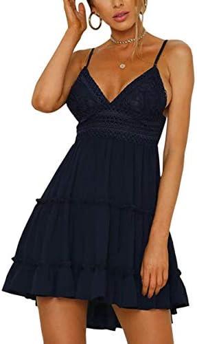 ECOWISH Summer Dresses for Women 2025 V-Neck Spaghetti Strap Bowknot Backless Sleeveless Lace Mini Swing Skater Dress Size M